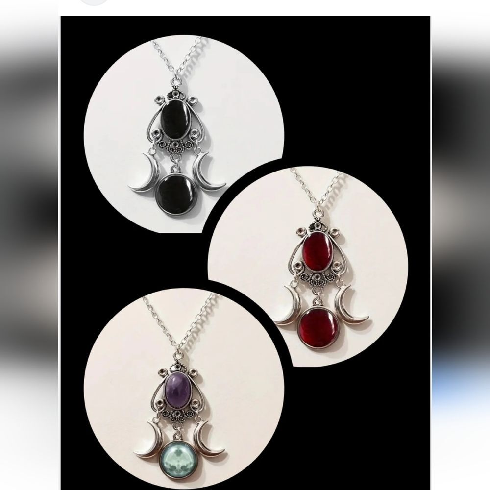 NEW Triple Moon Goddess Witchy Necklace Black Stones Boho Witchy - Picture 4 of 6